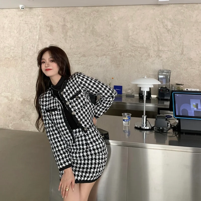 

2021 New Two-piece Female Spring and Autumn New Houndstooth Long-sleeve Splicing Jacket and Skirt Suit Trendy OL Gentlewoman