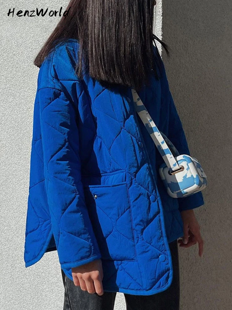 HenzWorld Autumn And Winter Blue Quilted Cotton Loose Blue Round Neck Cotton Jacket For Women Warm Button Down Coat And Jacket