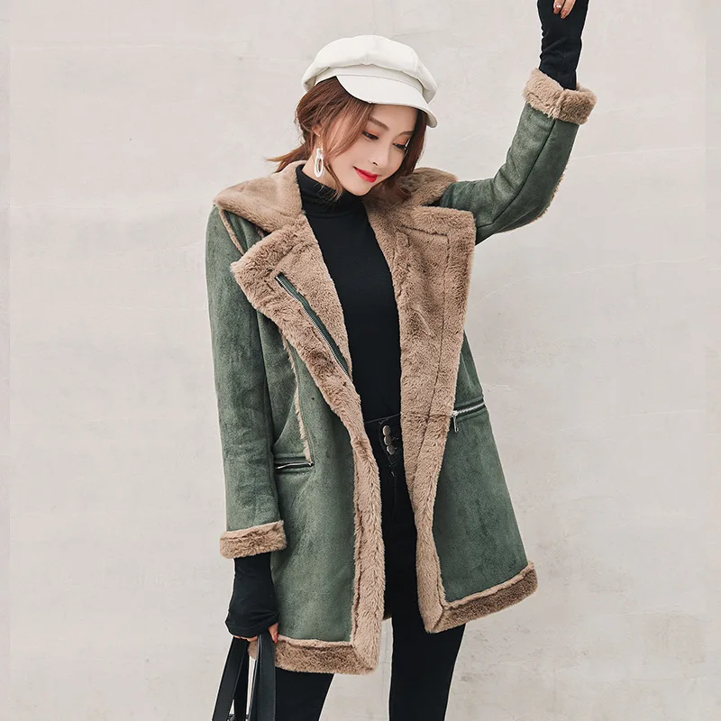 Winter Long Faux Suede Leather Jacket Women  Female Green Faux Fur Lined vintage  Jacket Woman Coat Large Windbreaker