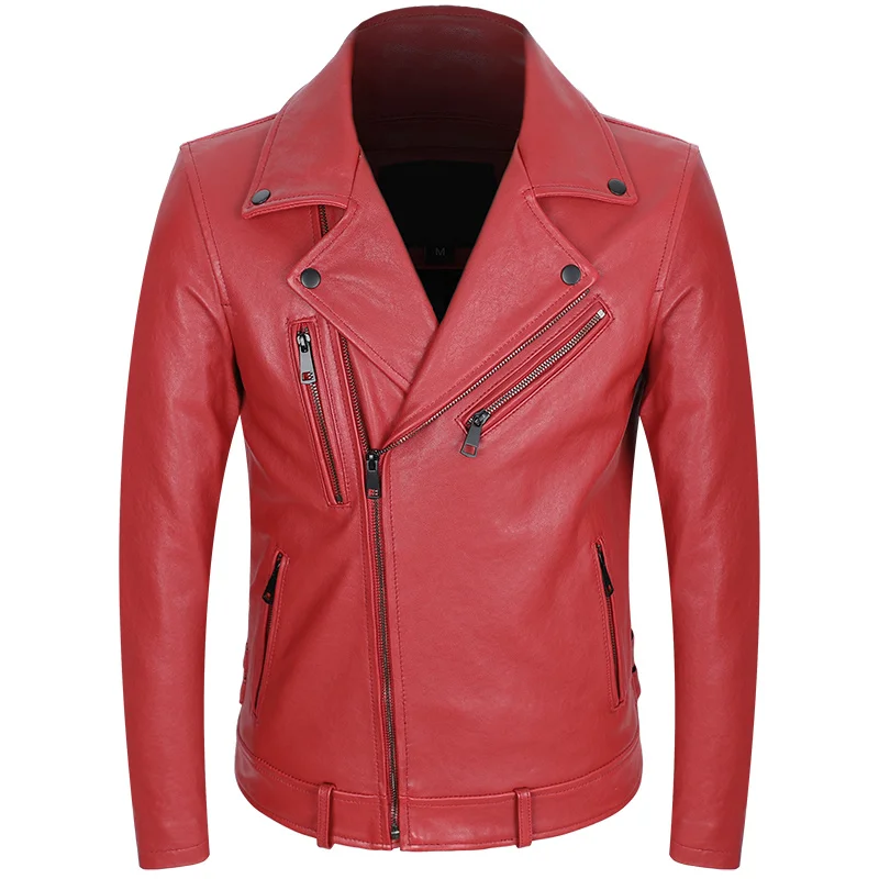 

Sheepskin Men's Motorcycle Leather Jacket Oblique Zipper Soft Genuine Leather Slim Red Coat