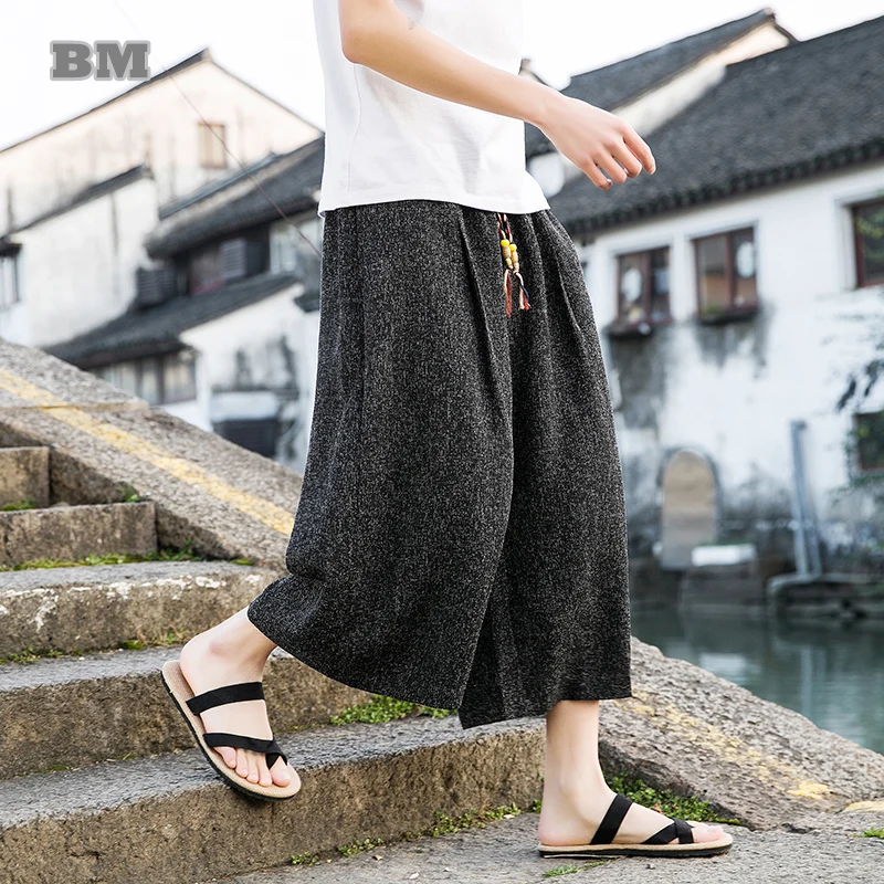 2022 Chinoiserie Embroidery Linen Cropped Summer Ethnic Traditional Dress Wide Leg Pants Men Clothing Plus Size Casual Pant