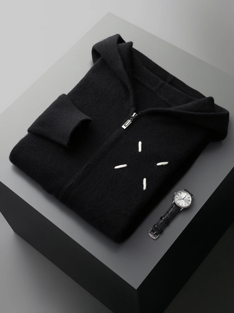 Высококачественный мужской плотный кардиган с капюшоном 100% кашемировый свитер