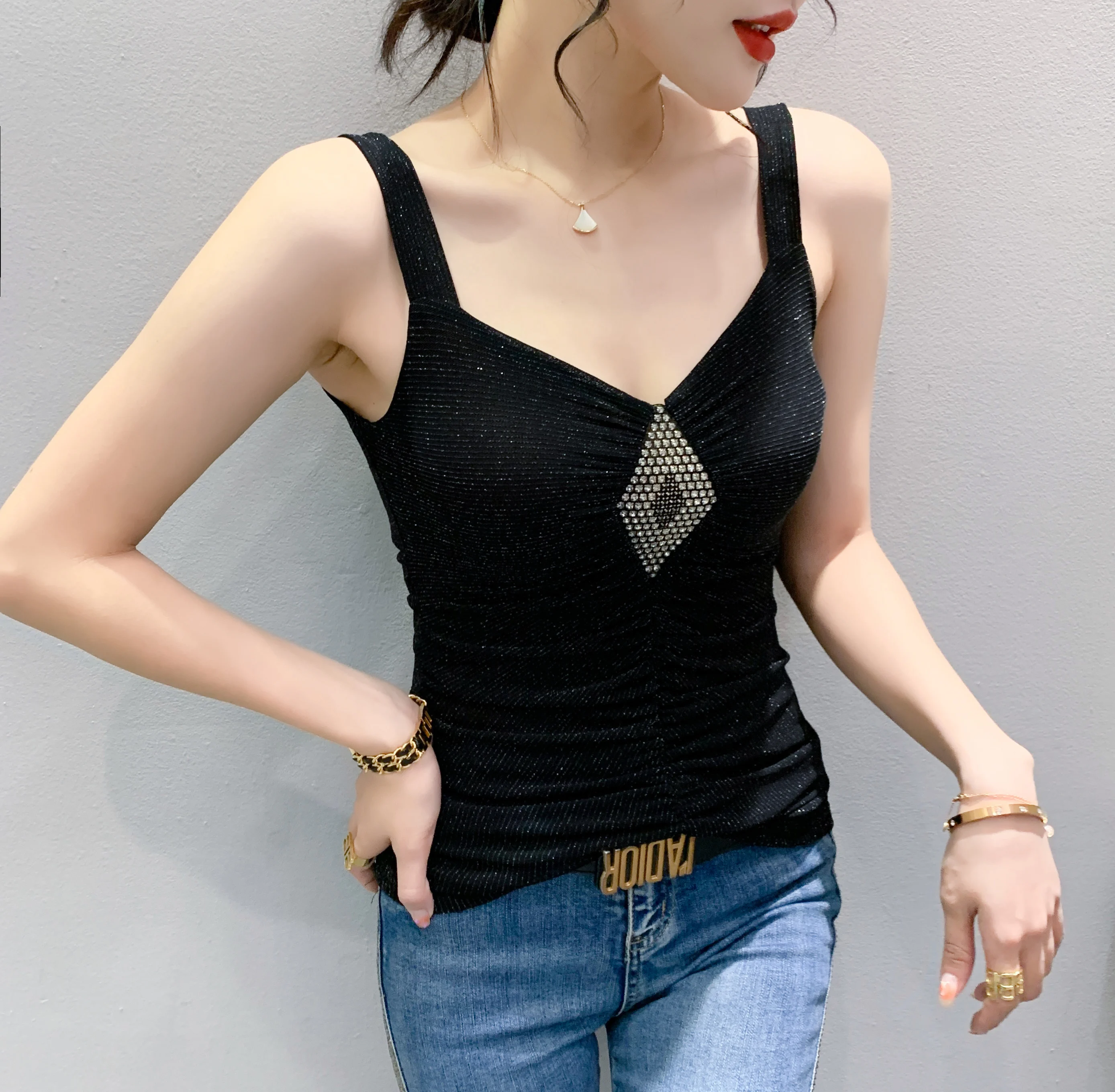 

2023 Summer Korean Style Mesh Chic Sexy Button Shiny Patchwork Diamonds Women Tops Sleeveless Bottoming Shirt Slim Camis 32488