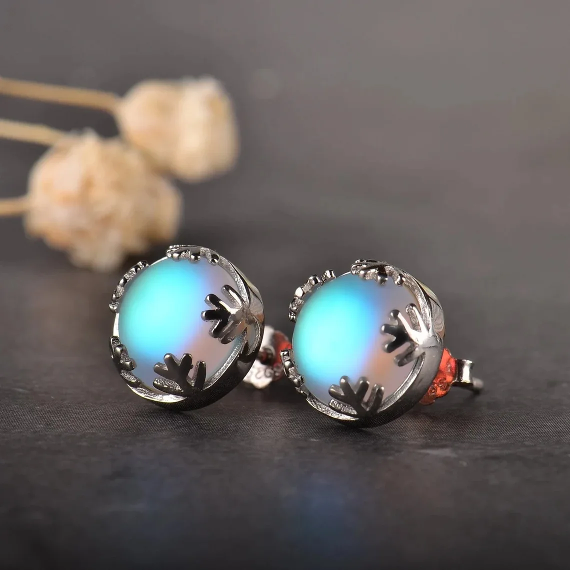 

925 Silver Needle Round Synthetic Moonstone Stud Earrings Jewelry for Women Hypoallergenic Earrings for Women Gir Sensitive Ears