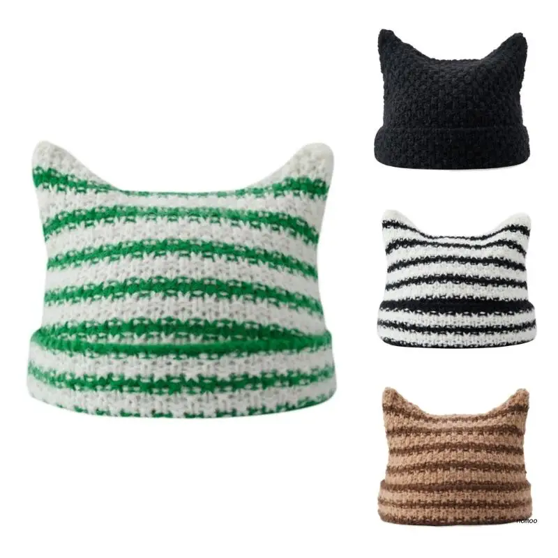 

Devil Horn Hat Skullies Beanie Little Devil Hat Ear Beanie Striped Knit Hat