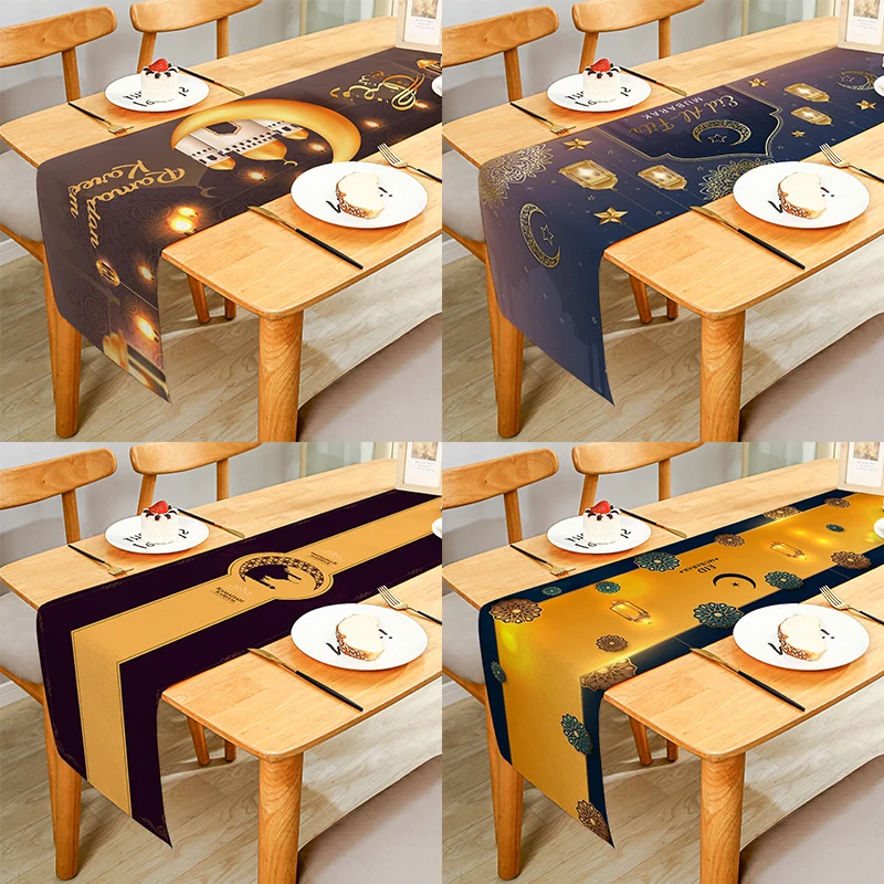 

Ramadan Crescent Mosque Printed Linen Rectangular Table Runner Cloth Cover Anti-Slip Stain For Dinner Celebrate Party Decor