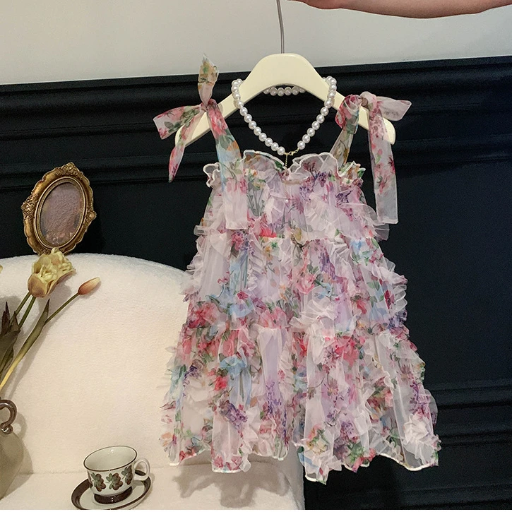 

Dress for Girl 2023 Summer Suspender Floral Print Birthday Princess Dress Ruffles Tulle Children Vacation Vestidos