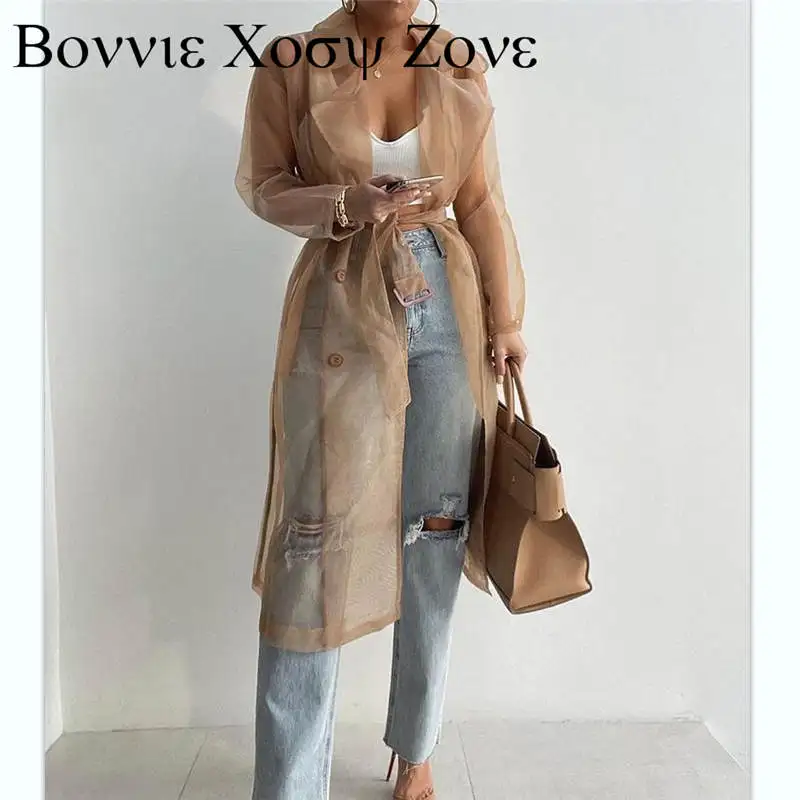 2022 Women Fashion See Through Outdoor Tops Lace Up Spring Solid Sheer Mesh Long Sleeve Buttoned Coat With Belt Elegant Shirts