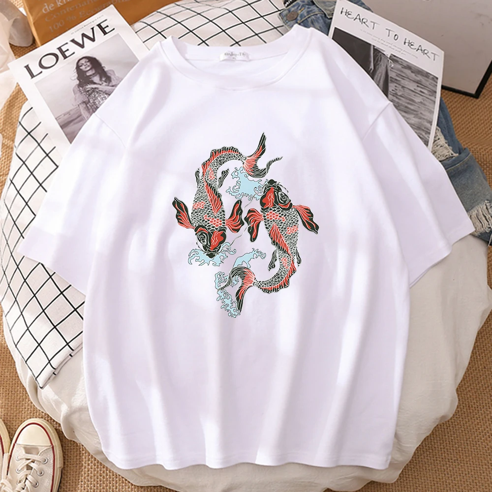 

Two Totem Koi Cartoons Printing women T-Shirt Style Breathable T-Shirts Fashion Crewneck Tshirt Simplicity Sport new Clothes