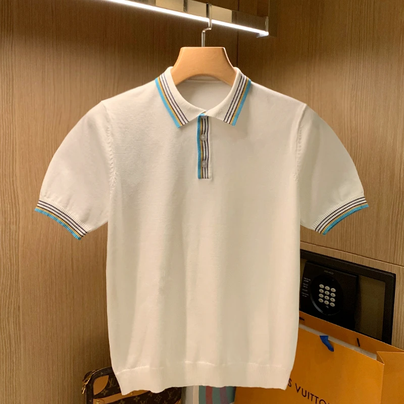 

Мужская трикотажная рубашка-поло, Повседневная тонкая рубашка-поло с отложным воротником и короткими рукавами, в полоску, в стиле пэчворк, л...