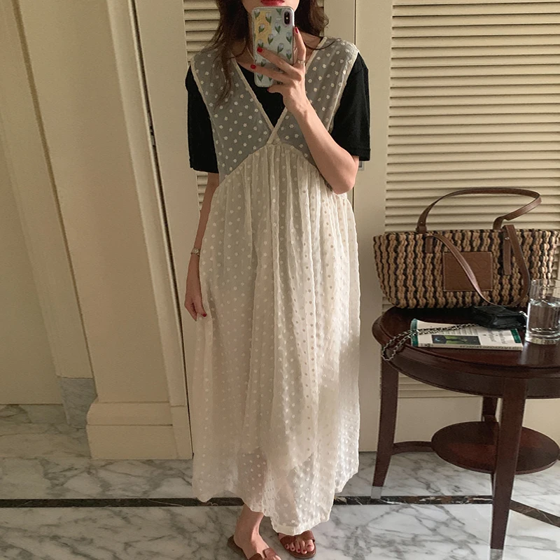 

A GIRLS Kimotimo сказочное платье без рукавов женское корейское шикарное нежное с V-образным вырезом Сетчатое свободное платье-жилет с вышивкой дл...