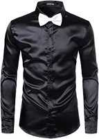 new men dress shirt luxury shiny silk like satin button up slim fit male clothing fashion spring autumn men shirts
