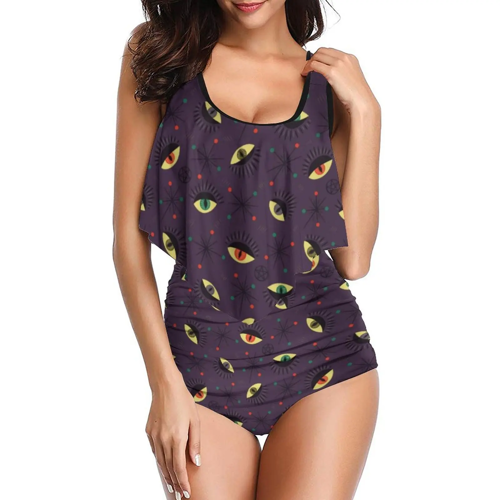 

Женский купальный костюм из двух предметов Witch Eyes, сексуальный черный купальный костюм в готическом стиле с оккультным принтом, пляжная оде...