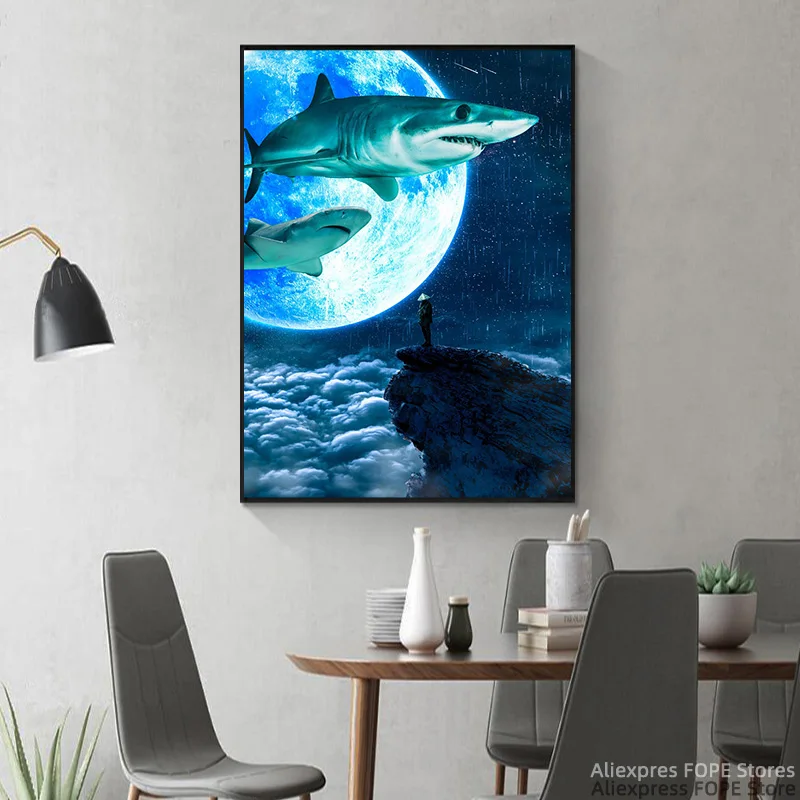Акула плакат с Луной холст картина стены фотообои для украшения дома