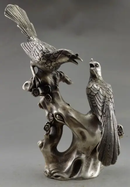 

Collectible Decorated Old Handwork Tibet Silver Carve Pair Magpie On Tree Statue Garden Decoration Bronze Buddha Healing statue