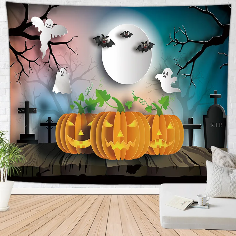 

Halloween Cartoon Ghost Bat Tapestry Trees Pumpkin All Saints' Day Art Wall Hanging Fabric Tapestries Living Room Bedroom Decor