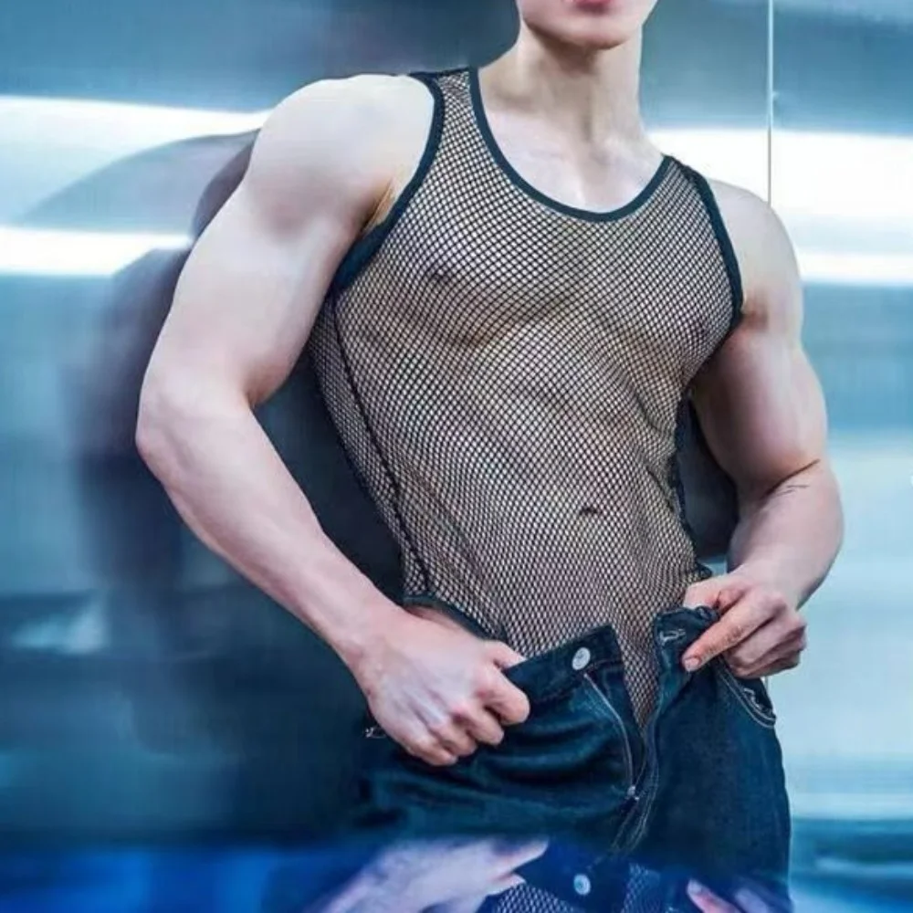 Sexy Breathable Mesh  Mens Lingerie Through Bodysuit Wrestling Singlet Jumpsuit Sleeveless Vest PajamaTemptation Flirting