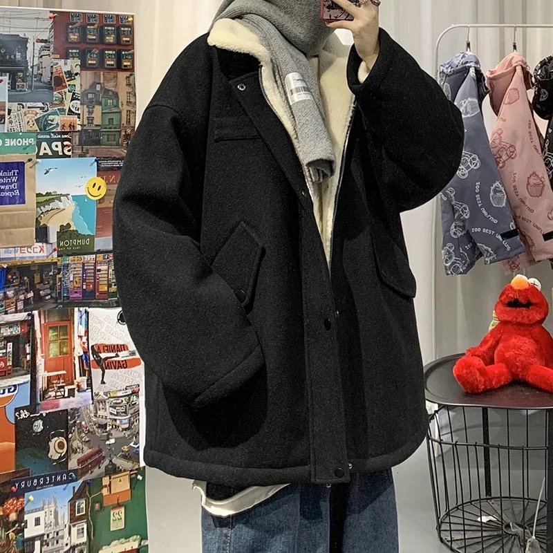 Winter Thick Woolen Coat Men Warm Fashion Oversized Short Woolen Coat Men Korean Loose Thickened Lamb Wool Jacket Mens Overcoat