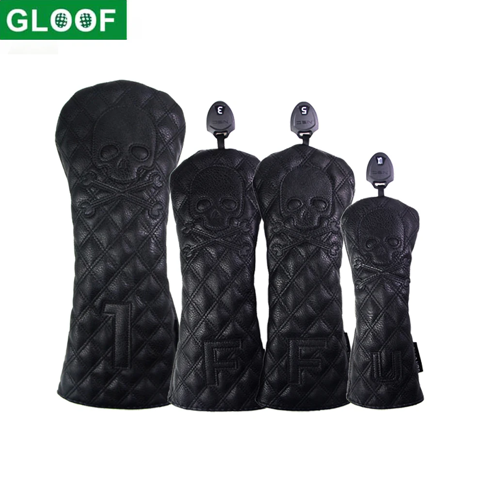 Skull Skeleton Head Cover Golf Club Black Leather Golf Cover Set Fits Driver Fairway Wood Hybrid Golf Supplies
