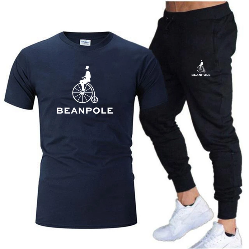 Beanpole 2023 Men's summer cotton printed short-sleeved T-shirt+trousers Men's and women's sports fitness jogging suit sportswea