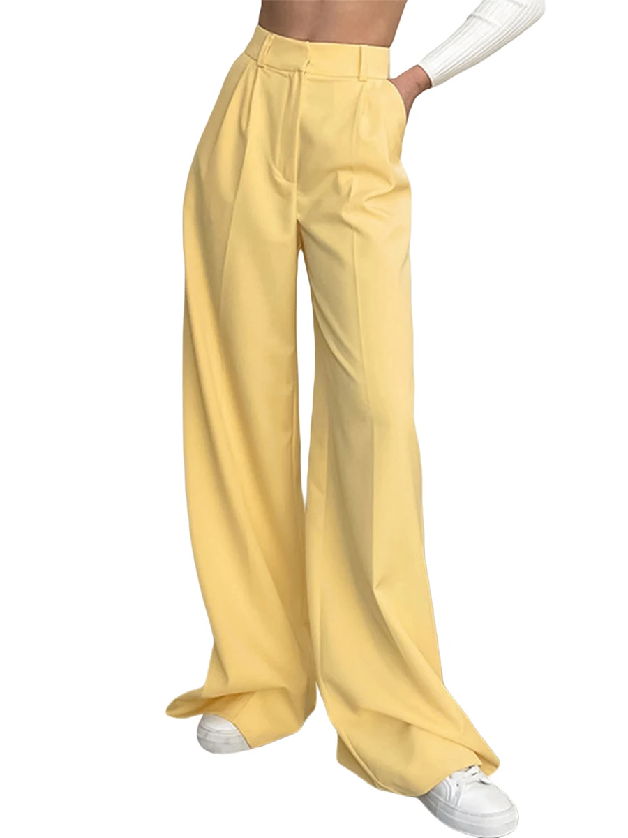 

Women s Solid Colour Elasticated High Waist Side Pockets Wide Leg trouser Ladies Loose Fit Long trousers