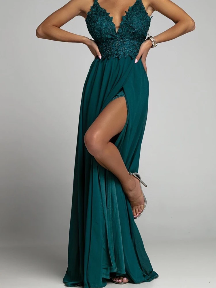 

Sexy Deep V Neck Embroidery Lace Chiffon Dress Women Spring Elegant Backless Robe Long Dress Summer High Slit Night Party Dress