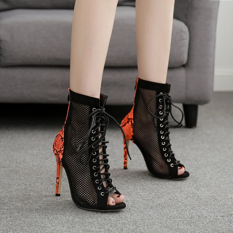 

Female High Heels Women Sandals Mesh Stiletto Solid Color Increase Lace Fish Mouth Shape Back Zipper Roman