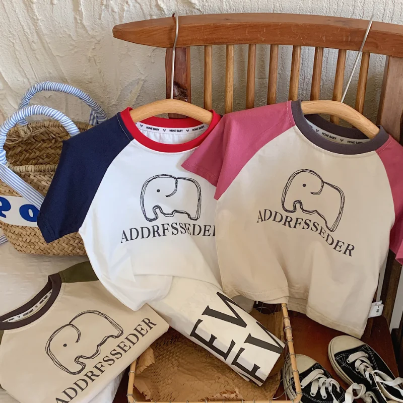 

2023 Summer Children T-shirt cartoon elephant short sleeve Boys Tee Girls soft loose Tops