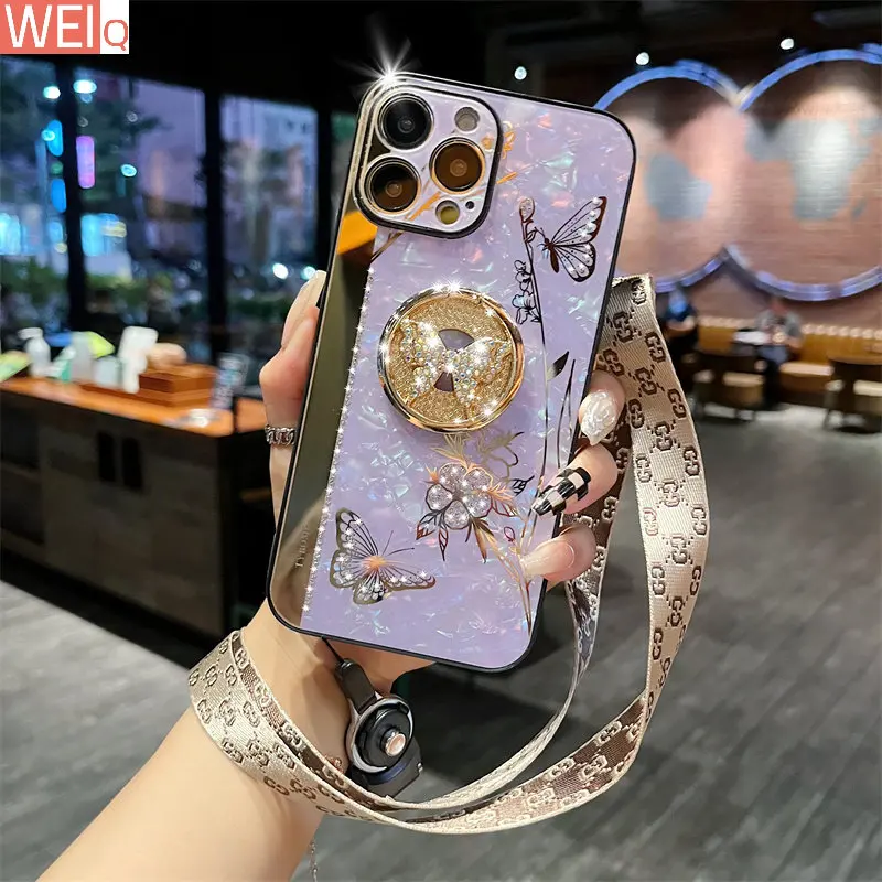 

Luxury Mirror 3D Butterfly Ring Stand Phone Case For iPhone 14 13 12 11 Pro Max X XR XS 7 8 Plus SE2 Cover With Lanyard Holder