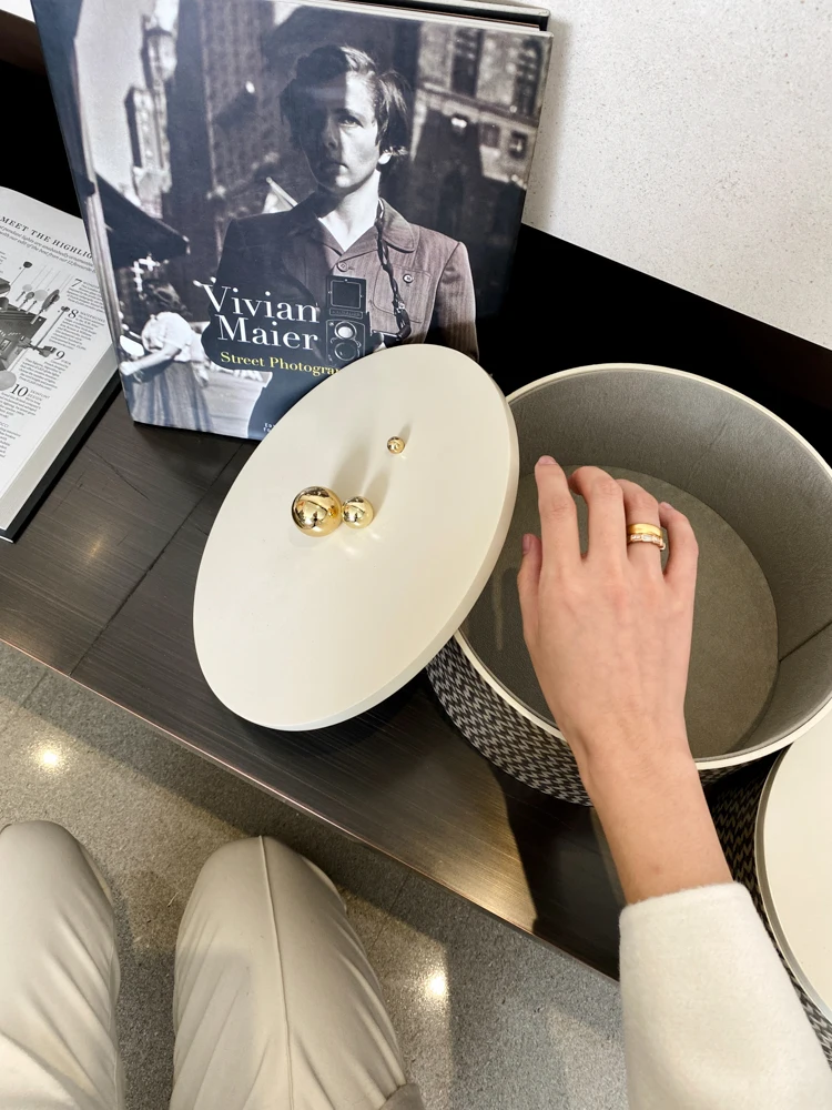 

Herringbone copper gold handle round storage box living room side cabinet ornaments