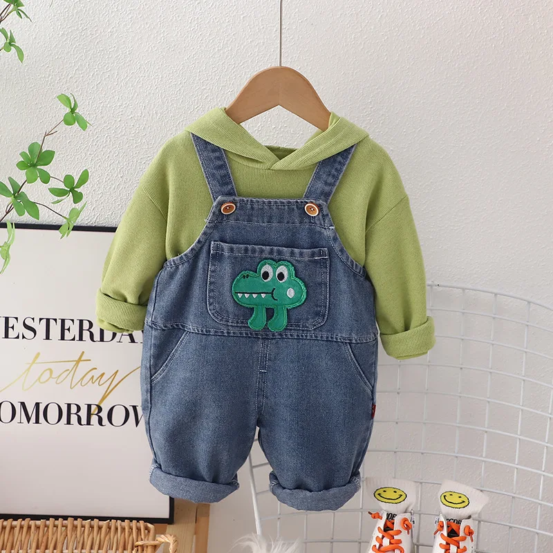 

2023 Spring Autumn Baby Boy Clothes 9 to 12 Months Cartoon Dinosaur Hooded Hoodies Denim Overalls Childens Set Kids Bebes Suits