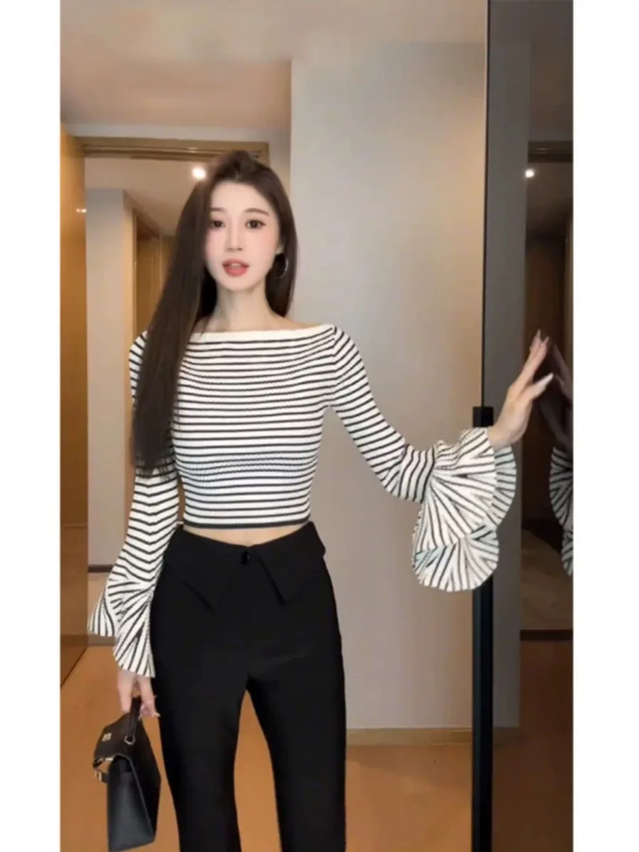 Женская вязаная осенняя блузка топы с разрезом на шее полосатые рубашки