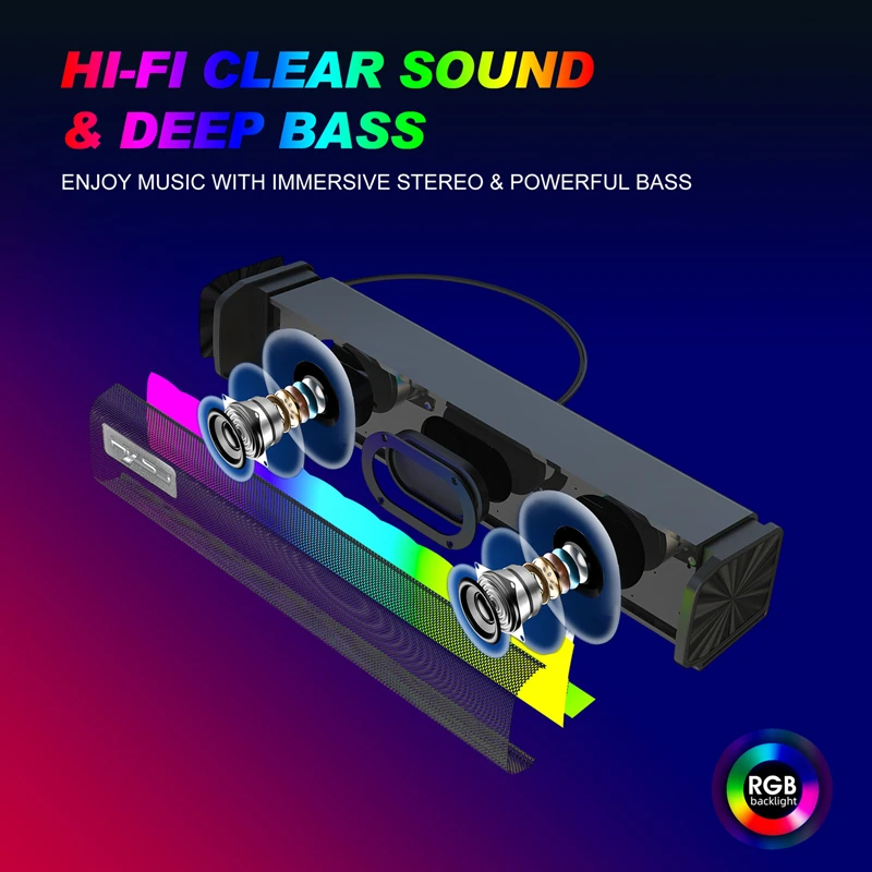 Q9 RGB Light Wired Soundbar Column Speaker 9 Kinds Of Lights Can Be Adjusted Long Sound Bar Computer TV Game Speakers 3.5mm Plug |