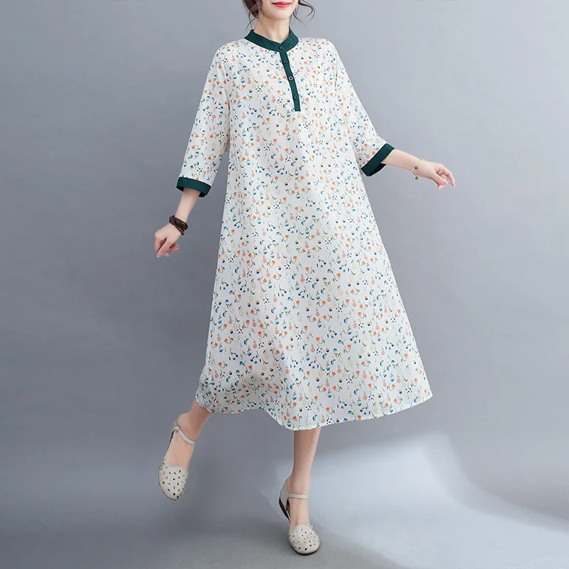 

#3868 Floral Printed Midi Dress Women Stand Collar Retro A-line Dress Female Short Sleeve Loose Buttons Boho Beach Dresses Thin