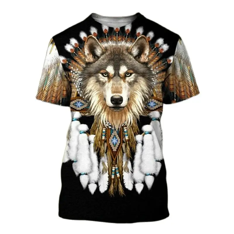 

Indian Tribe Eagle Wolf Totem 3D Exquisite Retro Printing Men's And Women's Fashion Hip-Hop Short-Sleeved Round Neck T-shirt Top