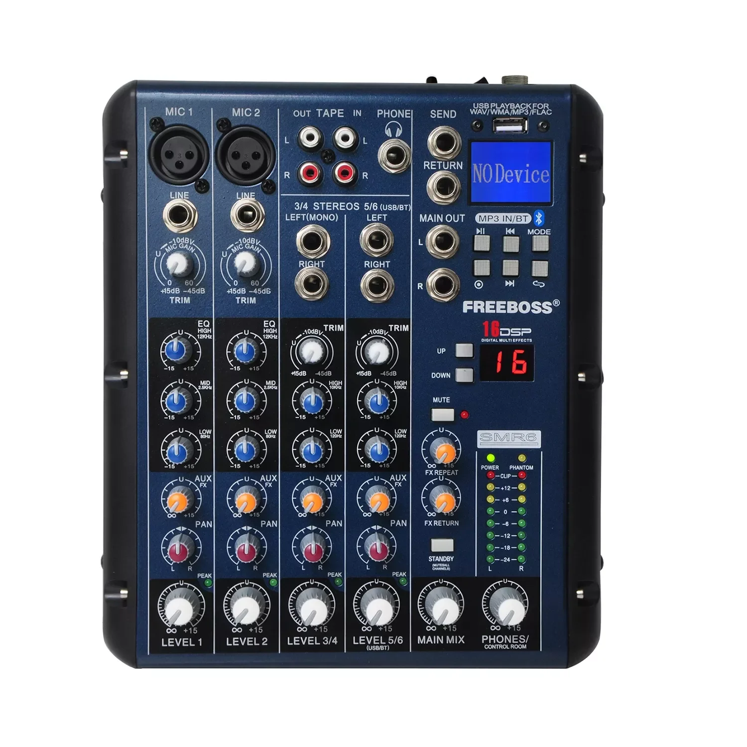 

New Freeboss SMR6 Bluetooth USB Record 2 Mono + 2 stereo 6 Channels 3 Band EQ 16 DSP Effect USB Professional Audio Mixer