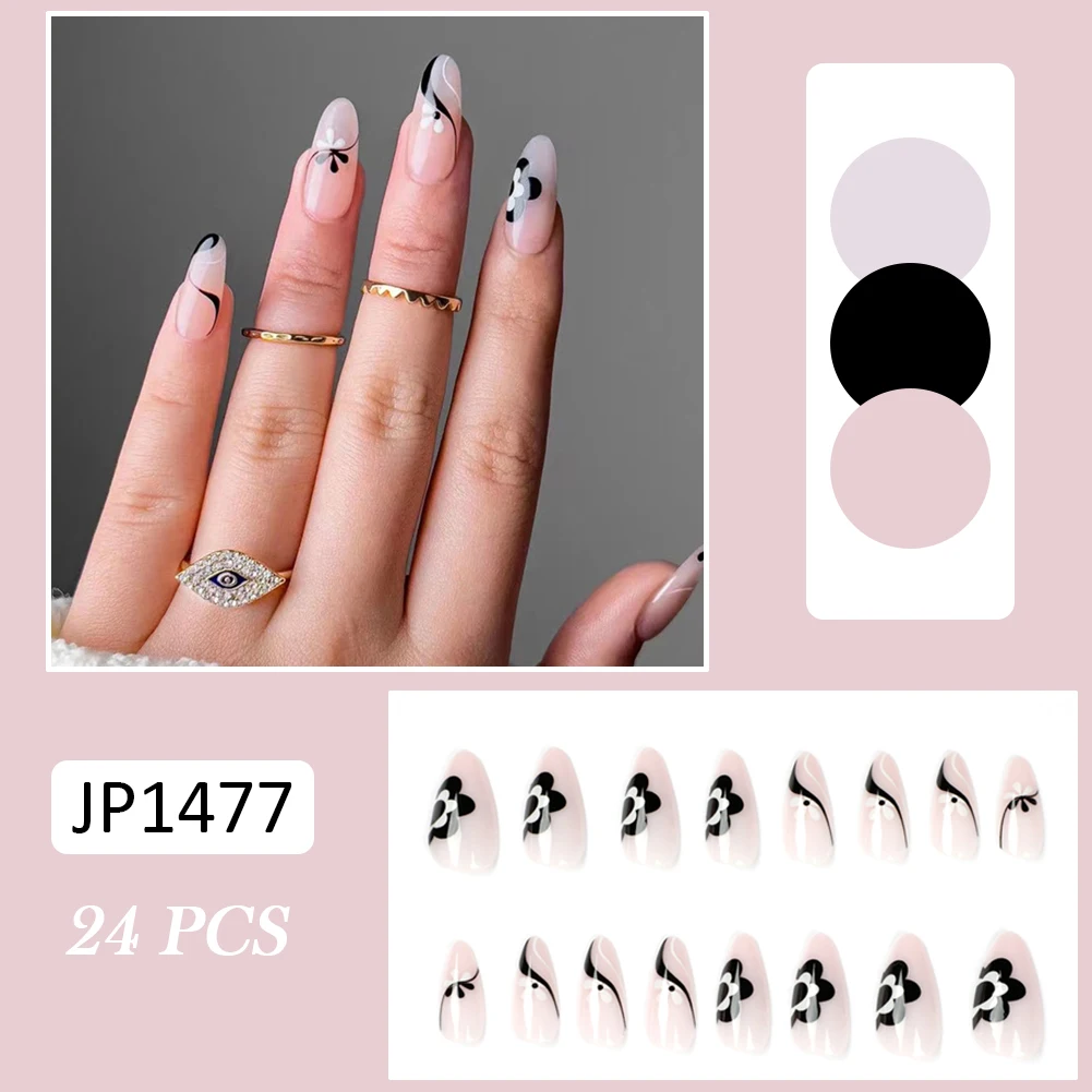 

24PCS Black Flower False Nails Long Oval Round Tip Women Girls Artificial Nails Manicure Salon DIY Art Fake Nails EF