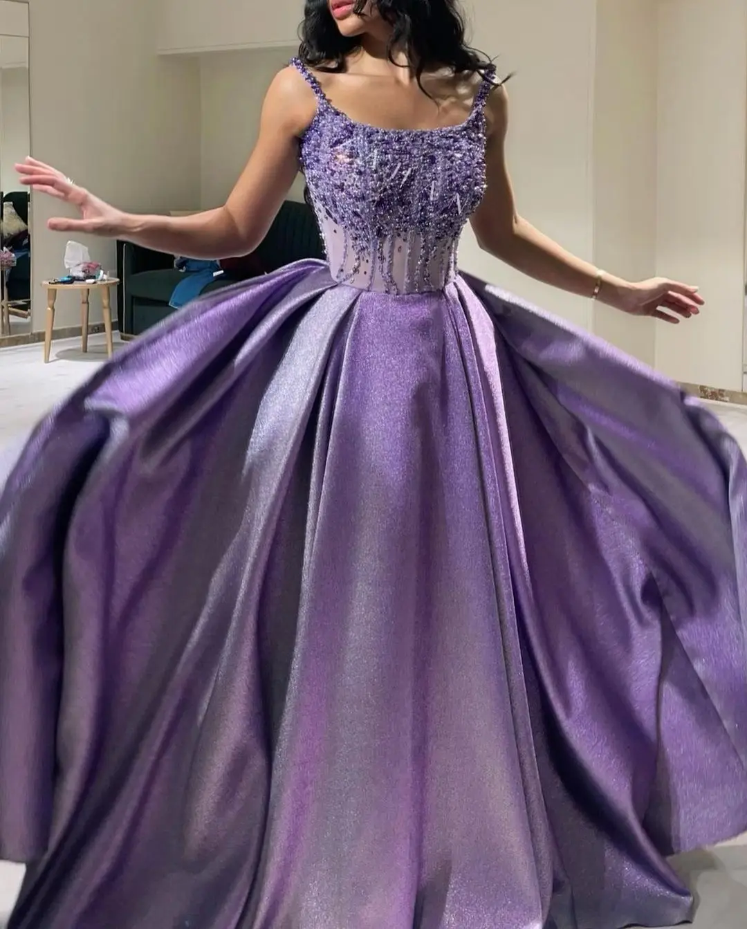 

Formal Occasion Dresses Purple Satin Beadings Floor Length Saudi Arabia Women's Prom Dresses Temperament Evening Dress