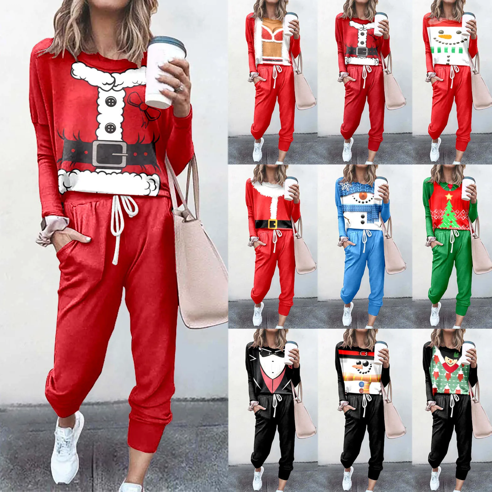 

Women Casual Autumn And Winter Fashion Printed Round Neck Long Sleeve Pocket Drawstring Elastic Female clothing Knit Women Tops