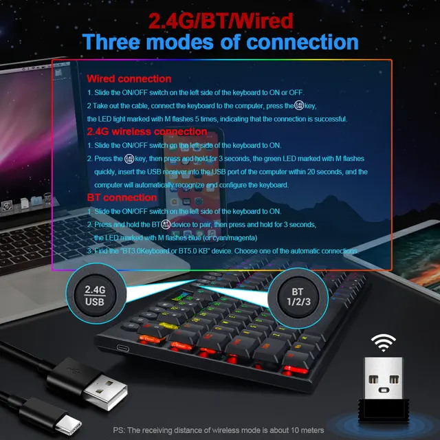 REDRAGON YI Pro K625P KBS RGB support Bluetooth 5.0 wireless USB 2.4G 3 mode Slim Mechanical Gaming Keyboard 94 Keys Compute PC 2