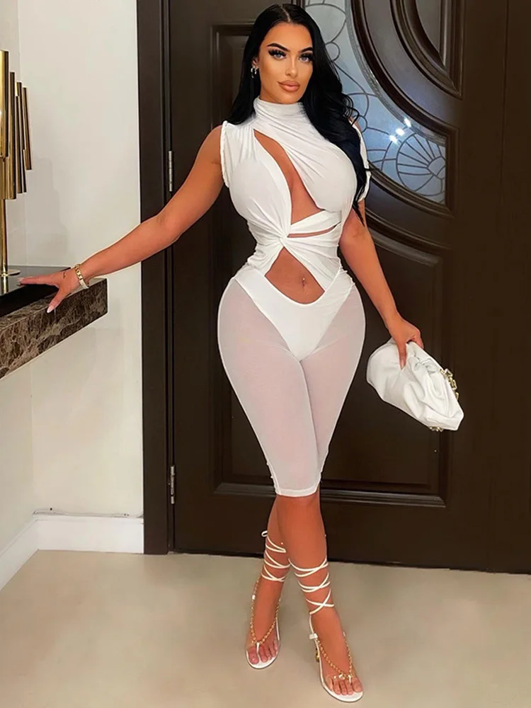 

Hollow Out Silm Fit Lrregular Sexy Single Sleeve Playsuit For Women Streetwear High Waist One Piece Navel-less Perspective Mujer