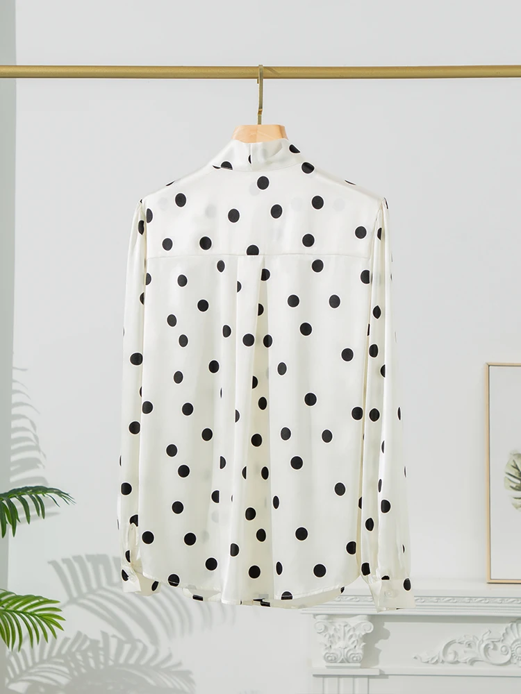 SuyaDream Women Dots Shirts 93%Mulberry Silk 7%Spandex Bow Collar White Chic Shirts 2023 Spring Autumn Office Lady Printed Top enlarge