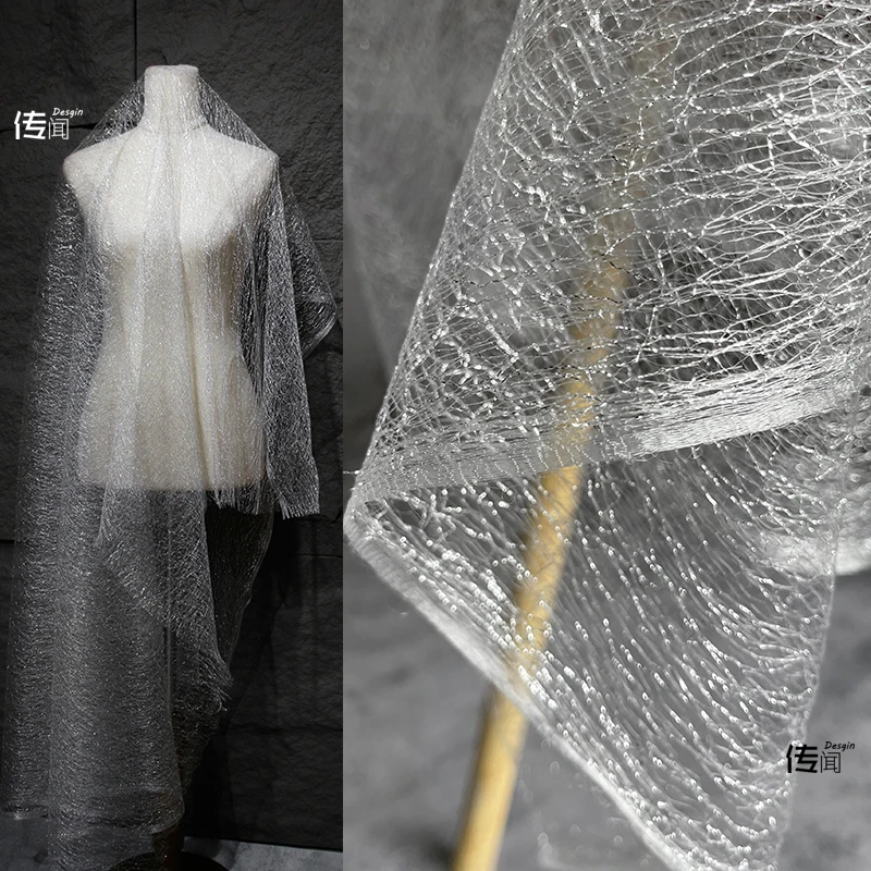 

Silver White Flash Gauze Cloth Soft Hollow Wedding Dress Decoration Background Rumors High-End Designer Fabric