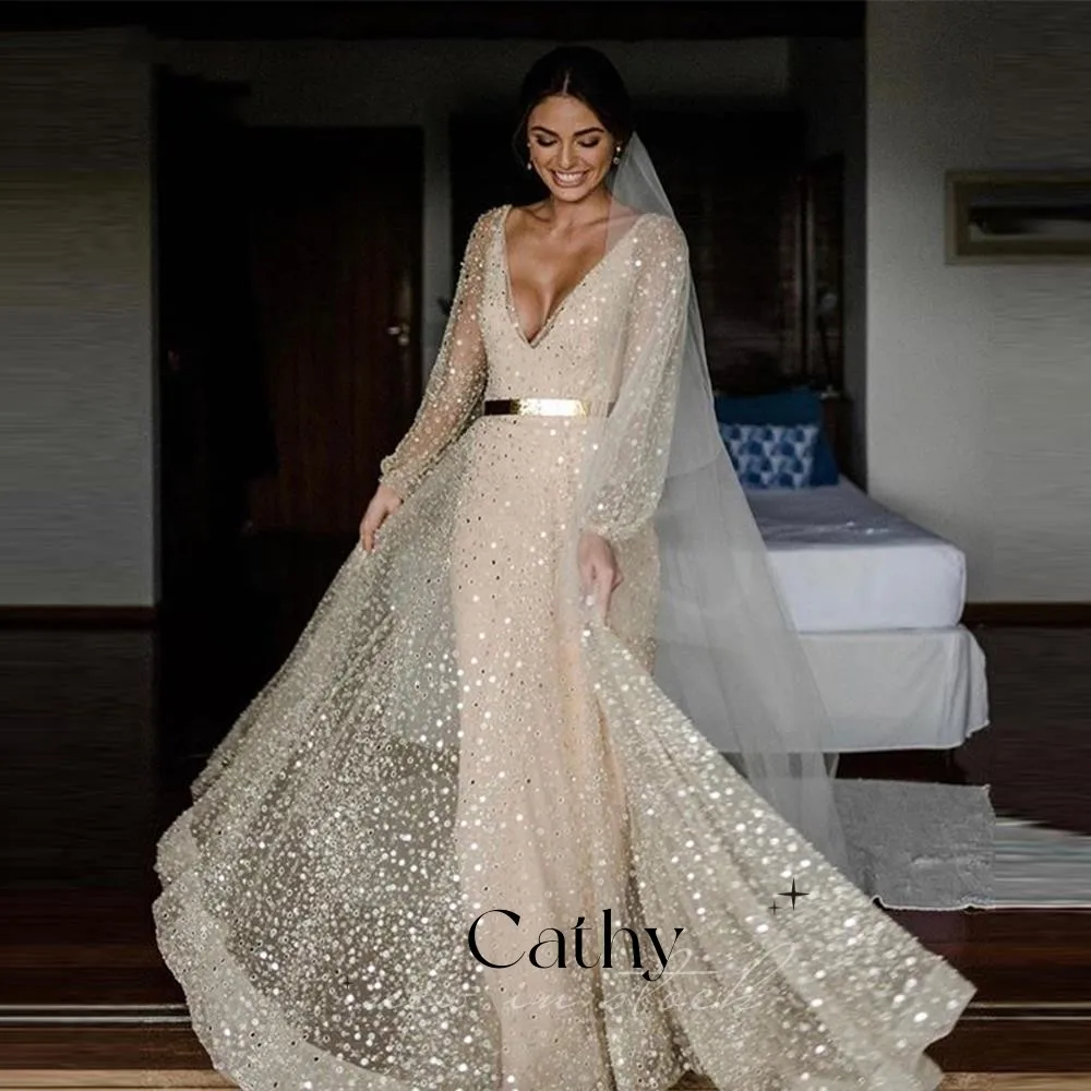 

Женское свадебное платье с юбкой годе Cathy, блестящее фатиновое платье с блестками и шлейфом, свадебное платье
