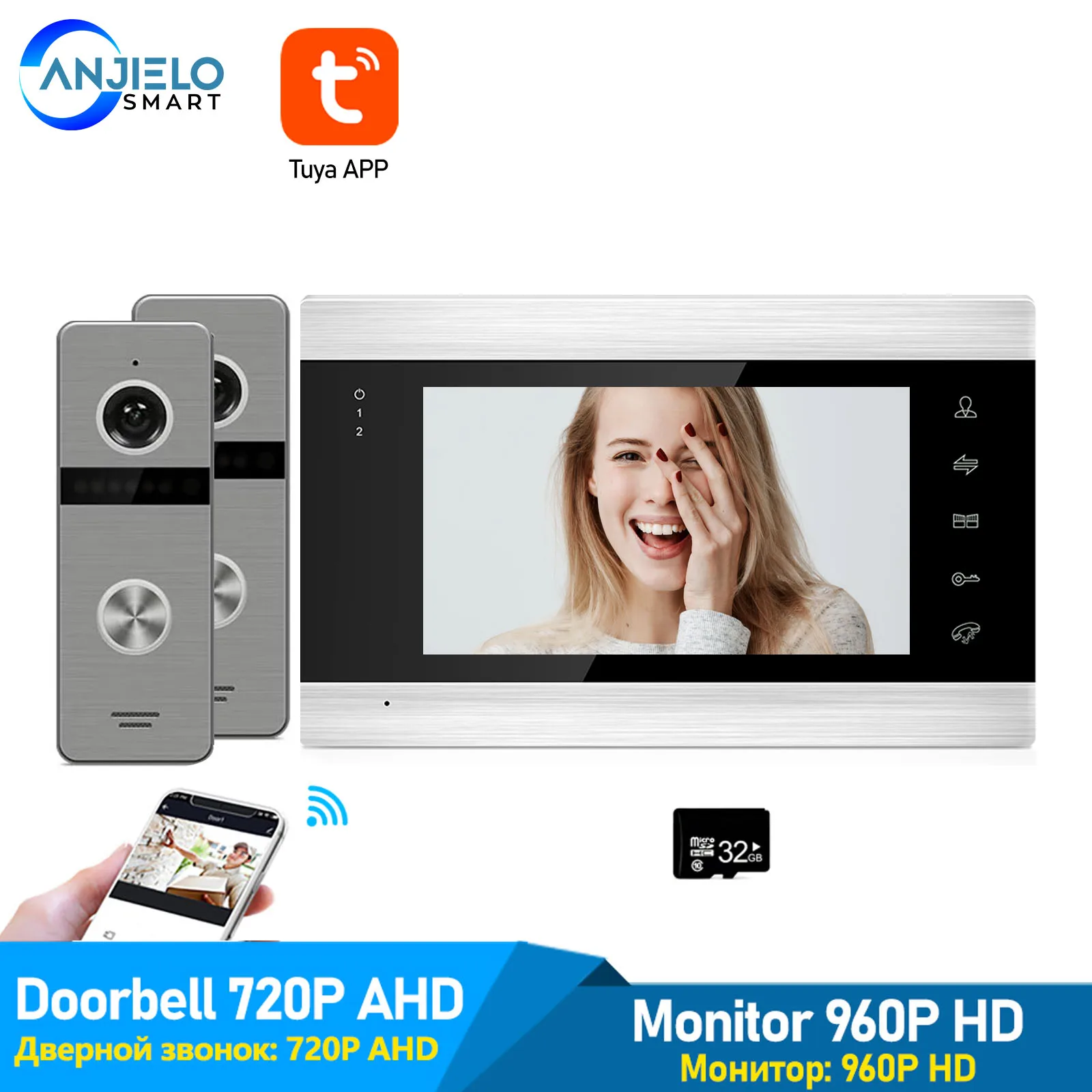 

Видеодомофон Tuya с Wi-Fi, устройство для умного дома 7 дюймов, 2 Дверных звонка, двойная разблокировка, Система доступа к мобильному приложению