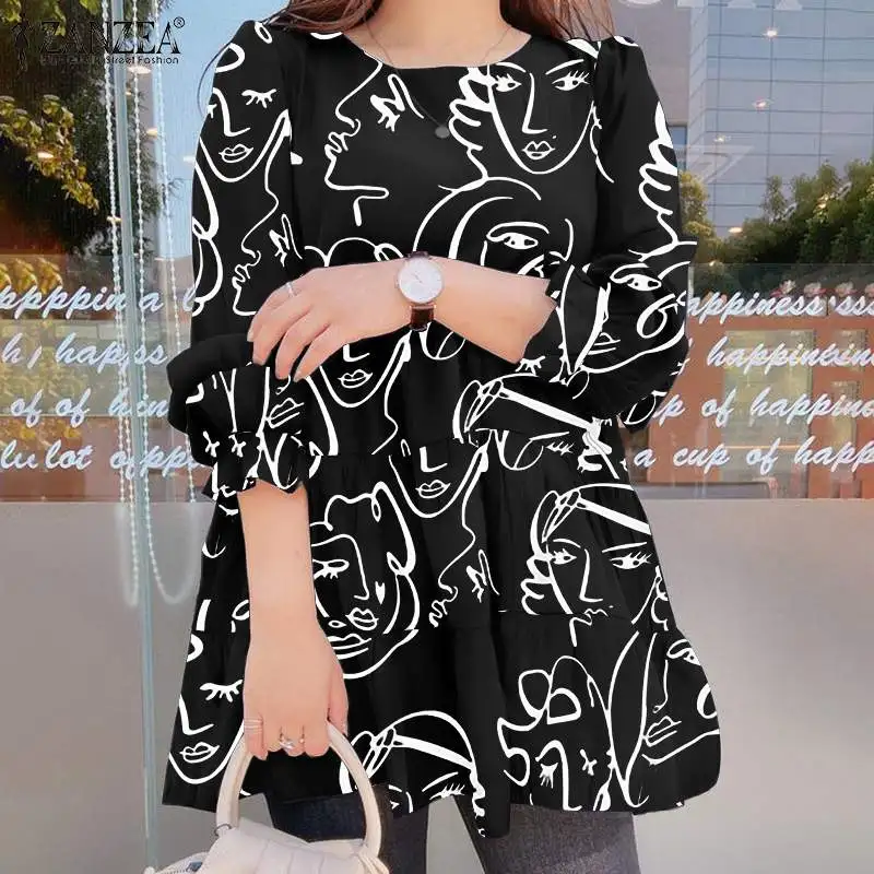 

Элегантная блузка ZANZEA с принтом, модная женская рубашка с длинным рукавом, Повседневная Праздничная блузка с круглым вырезом, женские весен...