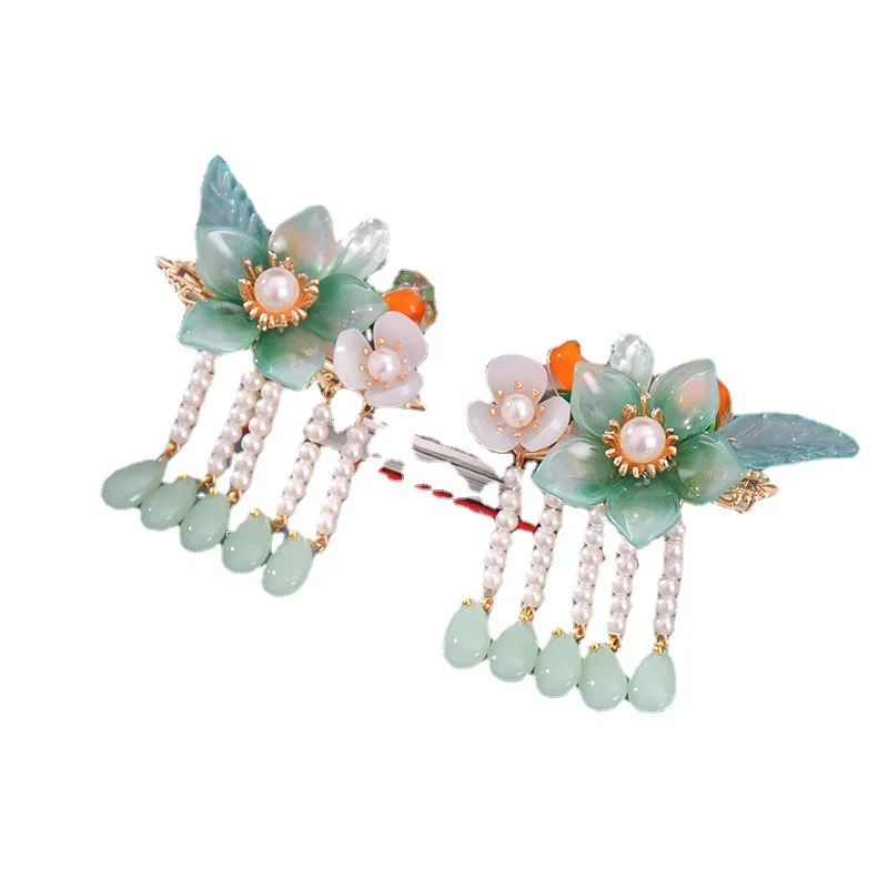 

Girls Flower Hair Jewelry Chinese Traditional Style Tassel Side Hair Clip Hairstick Crown For Photography