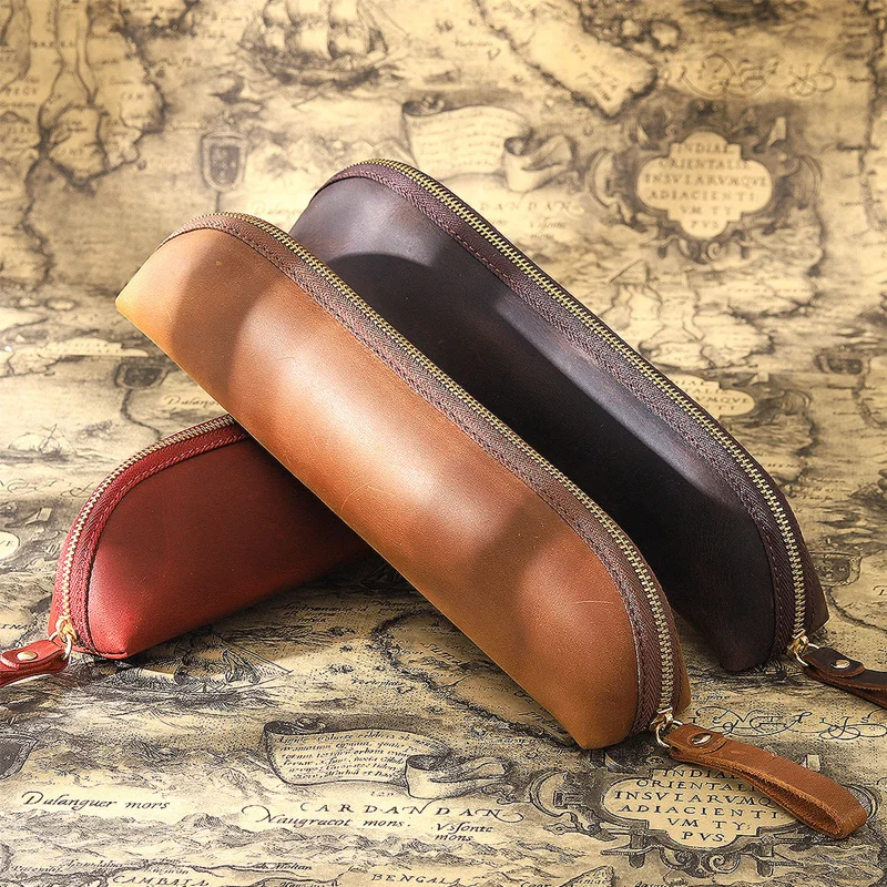 

Zipper Pencil Case Extended Version Large Capacity Pencil Pouch Case Genuine Leather Retro Pen Holder for Pen Protective Cover
