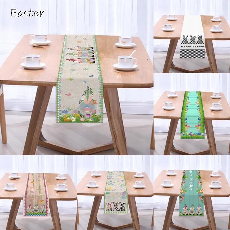 

Cute Natural Jute Burlap Easter egg bunny Faceless Gnome printed table runner flag tablecloth party coffee table cover decor