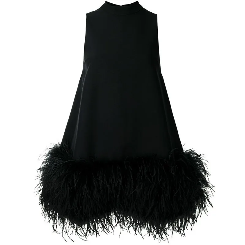 

Feather Fur Dress For Women O Neck Sleeveless Loose Tassel A Line Dresses Female Streetwear Summer 2023 Runway Luxury Designer